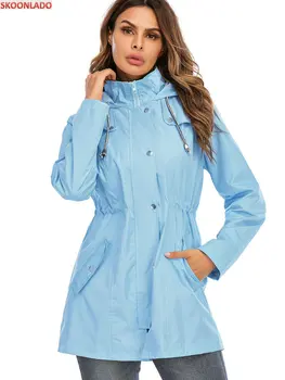 Kadın Moda Kış Ceket kapüşonlu rüzgarlık Fermuar Düğmeleri Rüzgar Geçirmez Su Geçirmez Nefes İpli Düz Renk Sonbahar 2
