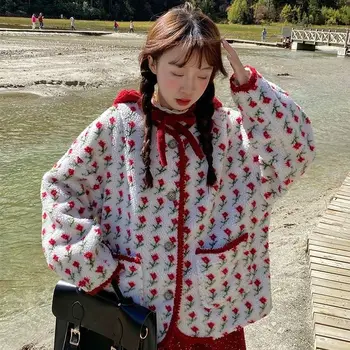 Vintage Çiçek Kuzu Yün Ceket Kadın Kore Tek göğüslü Kapüşonlu Ceket Kış Ceket Sıcak Oyuncak Palto Kadın Gevşek Dış Giyim