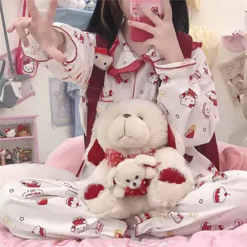 Yeni Hello Kitty Pijama Pijama kadın Bebek Yaka İnce Uzun Kollu Tatlı Ev Giysileri İki Parçalı Set Karikatür Pijama Pantolon