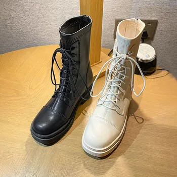 Düz yarım çizmeler kadın ayakkabısı Gotik Çizmeler Moda Orta Buzağı Ayak Bileği bayan botları Kadın 2022 Bayanlar Kışlık Botlar Beyaz 0