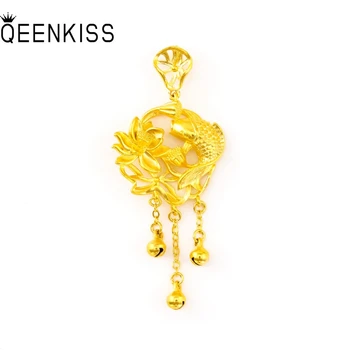 QEENKISS PT537 Güzel Takı Toptan Moda Kadın Doğum Günü Düğün Hediyesi Goldfish Lotus Çiçek 24KT Altın Kolye Charm HİÇBİR ZİNCİR