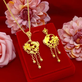 QEENKISS PT537 Güzel Takı Toptan Moda Kadın Doğum Günü Düğün Hediyesi Goldfish Lotus Çiçek 24KT Altın Kolye Charm HİÇBİR ZİNCİR 3
