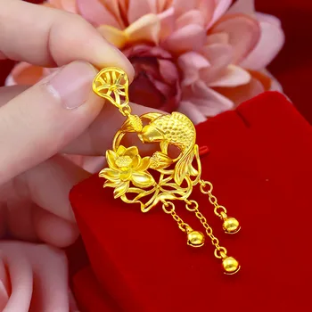 QEENKISS PT537 Güzel Takı Toptan Moda Kadın Doğum Günü Düğün Hediyesi Goldfish Lotus Çiçek 24KT Altın Kolye Charm HİÇBİR ZİNCİR 5