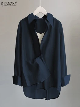 ZANZEA Kadınlar 2022 Uzun Kollu Casual Blusas Streetwear Katı Üstleri Sokak Moda Gömlek Casual Gevşek Düğme Yaka Boyun Bluz
