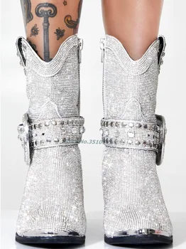Tam Kristal Bling Kovboy Kısa Çizmeler Yan Zip Ayrılabilir Çivili Toka Sapanlar Tıknaz Blok Topuk Taklidi Moda Kadın Ayakkabı 0