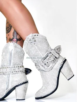 Tam Kristal Bling Kovboy Kısa Çizmeler Yan Zip Ayrılabilir Çivili Toka Sapanlar Tıknaz Blok Topuk Taklidi Moda Kadın Ayakkabı 2