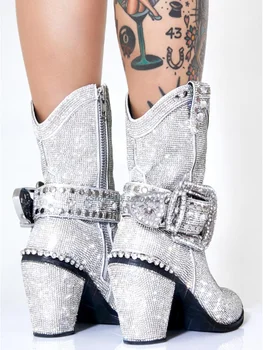 Tam Kristal Bling Kovboy Kısa Çizmeler Yan Zip Ayrılabilir Çivili Toka Sapanlar Tıknaz Blok Topuk Taklidi Moda Kadın Ayakkabı 3