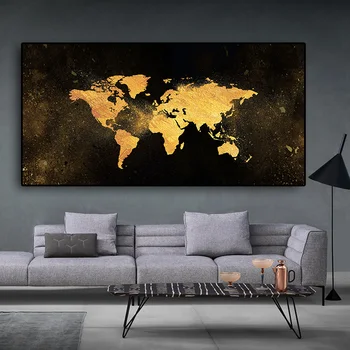 Modern Siyah ve Altın Dünya Haritası Soyut Tuval Boyama İskandinav Posterler ve Baskılar duvar sanat resmi Oturma Odası Dekor için
