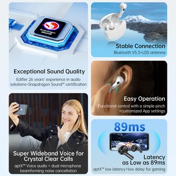 Edıfıer W220T kablosuz bluetooth kulaklıklar TWS, Snapdragon Ses, aptX uyarlanabilir, Bluetooth 5.3, 4-mic Gürültü İptali 5