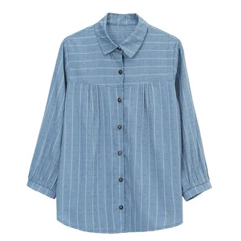 100 % Pamuk Kadınlar Uzun Kollu Casual Gömlek Yeni Varış 2022 Sonbahar Vintage Stil Tüm Maç Çizgili Gevşek Kadın Üstleri Gömlek D406