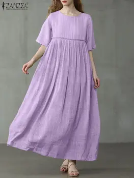 Vintage Pileli Maxi Elbise Kadınlar Yaz Sundress ZANZEA Rahat Yarım Kollu Vestidos Kadın O Boyun Robe Femme Boy