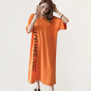 Kore Tarzı Kadın Yaz Pamuk Mektup baskılı tişört uzun elbise Gevşek Büyük Boy 4XL Bayan rahat elbise Vestidos Günlük Giyim