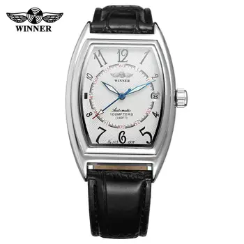 T-WINNER moda basit rahat erkek saati dikdörtgen beyaz kadran gümüş kasa siyah deri kayış otomatik mekanik saat