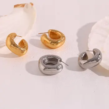 Yuvarlak Kare Geometrik Kalın paslanmaz çelik halka Küpe Kadın İçin 18K Altın Kaplama Gümüş Renk İçi Boş Tıknaz Çemberler