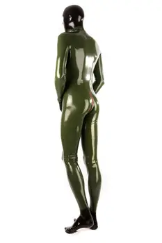 Seksi Ordu Yeşil Lateks Fetiş Catsuit Ön Zip Kauçuk Tulum El Yapımı Taklit Üniforma Bodysuit w / o Hood