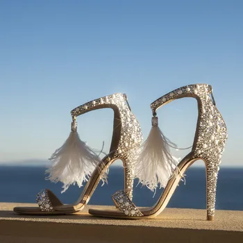 Tüy Taklidi Ziyafet Düğün Ayakkabı Gelinlik Ayakkabı Yaz Burnu açık Sandalet İnci Stiletto Topuklu Gelin Düğün Ayakkabı 1