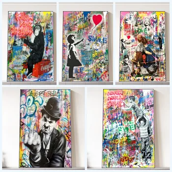 Graffiti Sokak Sanatı Kızgın Chaplin Çocuklar Tuval Posterler ve Baskılar Banksy Sanat Duvar Resimleri ıçin modern ev Odası Dekorasyon