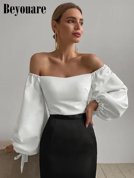 Beyouare Zarif kadın T Shirt Seksi Slash Boyun Fener Kollu Bandaj Katı Beyaz Üstleri 2020 Sonbahar Rahat İnce Ofis Bayan Tee