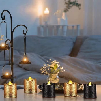 24 Paket Altın Alevsiz Adak Mumlar Siyah Glitter LED Tealights Pil Kumandalı dekoratif mumlar Sıcak Sarı lamba tutucu