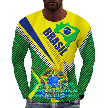 2022 Sonbahar Yeni Erkek Vintage Brezilya Bayrağı Uzun Kollu T Shirt Moda Harajuku Etnik Baskılı Brezilya Tee Gömlek