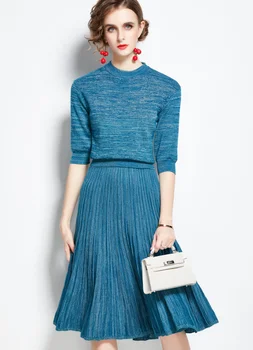 ZUOMAN Kadın Sonbahar Zarif Kazak Elbise Takım Set Yüksek Kalite Mavi Ofis Parti Robe Femme Vintage Tasarımcı Pileli Vestidos