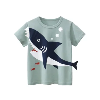 27 çocuk Yaz Erkek kısa kollu t-shirt Çocuk Karikatür 3D Köpekbalığı Araba Dinozor Örgü Bebek Nefes Üst pamuklu giysiler 2-9y 2