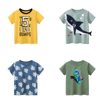 27 çocuk Yaz Erkek kısa kollu t-shirt Çocuk Karikatür 3D Köpekbalığı Araba Dinozor Örgü Bebek Nefes Üst pamuklu giysiler 2-9y 5