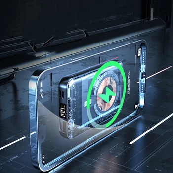 20000mAh Manyetik Qi Kablosuz Şarj Şeffaf Güç Bankası iPhone 14 13 12 Serisi Mini Powerbank Samsung Huawei Xiaomi için