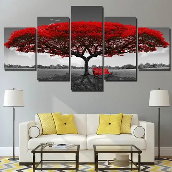 HD Baskılı 5 Parça Tuval Sanat Siyah Ve Beyaz Kırmızı Ağaç Boyama Duvar Resimleri Için Oturma Odası Modern Ücretsiz Kargo XA2418C