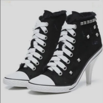 Comemore Kadın kanvas ayakkabılar Denim Yüksek Topuklu Perçinler Ayakkabı moda ayakkabı Bahar Ayakkabı kadın Pompaları Siyah Mavi Sonbahar Yeni 2021 1
