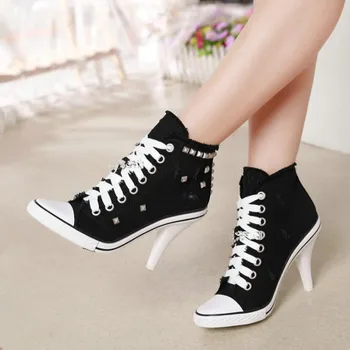 Comemore Kadın kanvas ayakkabılar Denim Yüksek Topuklu Perçinler Ayakkabı moda ayakkabı Bahar Ayakkabı kadın Pompaları Siyah Mavi Sonbahar Yeni 2021 4