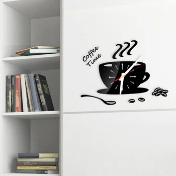 Yaratıcı Kahve Fincanı Şekilli duvar saati Modern Tasarım 3D Ayna duvar saati s Çıkartmalar DIY Ev Odası Mutfak Duvar Süslemeleri 0