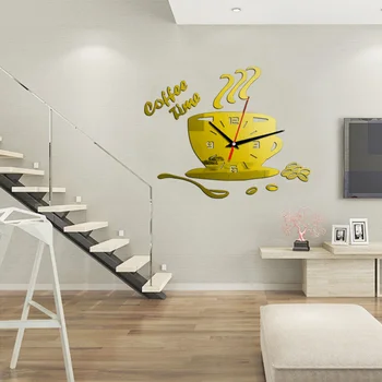 Yaratıcı Kahve Fincanı Şekilli duvar saati Modern Tasarım 3D Ayna duvar saati s Çıkartmalar DIY Ev Odası Mutfak Duvar Süslemeleri 5
