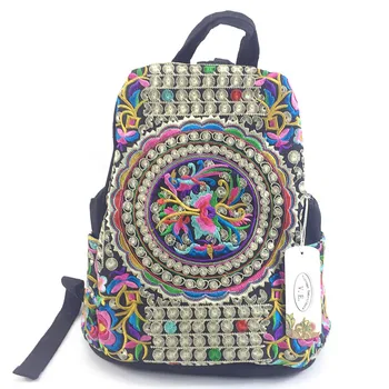 Vintage Nakış Etnik keten sırt çantası Kadın El Yapımı Çiçek Işlemeli Seyahat Çantaları Schoolbag Sırt Çantaları Sırt Çantası Mochila 0