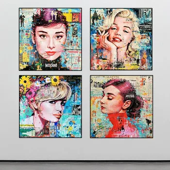 Ünlü Kadın Tuval Boyama Grafiti Sanatı Pop Duvar Sanatı Marilyn Monroe Hepburn Tuval Poster Baskı Oturma Odası Ev Dekor İçin
