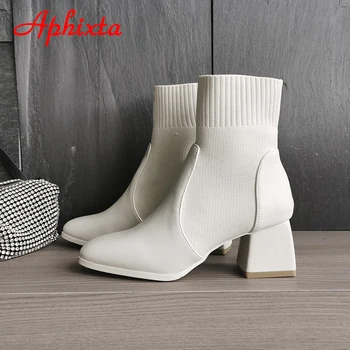 Aphixta 6 cm Tıknaz Topuk Streç Kumaşlar Çorap Çizmeler kadın ayakkabıları Bej Streç Örme Sivri Burun Ayakkabı