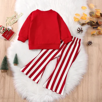 2022-09-01 Lioraitiin 0-5Years Yürüyor Çocuk Kız Pantolon Takım Elbise Uzun Kollu Noel Mektuplar Baskı Kırmızı Gömlek Çan Dipleri Pantolon