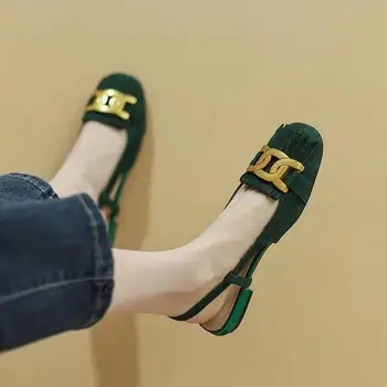 Metal Toka Yeşil Haki Süet Kadın Sandalet Yaz Yeni İngiliz Tarzı Retro Püskül Kare Ayak Geri Kayış Yaz Ayakkabı Kadın