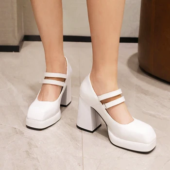 Mstyle 2022 Kadın Ayakkabı Pompaları Kalın Yüksek Topuklu Platform Mary Janes Parlak Patent Klasik Elbise Kare Ayak Çift Kayış Ayakkabı 0