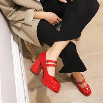 Mstyle 2022 Kadın Ayakkabı Pompaları Kalın Yüksek Topuklu Platform Mary Janes Parlak Patent Klasik Elbise Kare Ayak Çift Kayış Ayakkabı 1