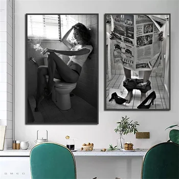 Tuvalet Seksi Kadın Posterler Baskılar Gazete Okumak Vintage Bar Siyah Beyaz duvar sanatı tuval yağlıboya Modern Kız Tuvalet Dekor 1