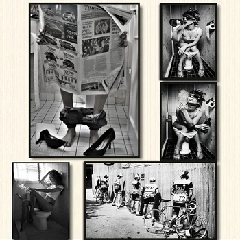 Tuvalet Seksi Kadın Posterler Baskılar Gazete Okumak Vintage Bar Siyah Beyaz duvar sanatı tuval yağlıboya Modern Kız Tuvalet Dekor 3