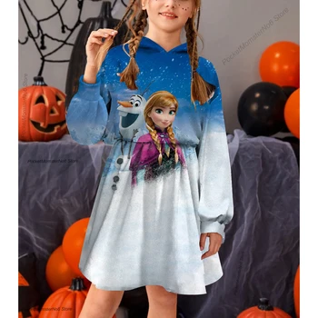 Sonbahar ve Kış Disney Dondurulmuş Prenses Kapşonlu Etek Kız Kazak Rahat Sevimli Baskı Kazak Elbise Elbise