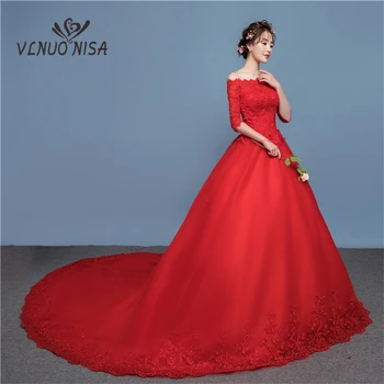 Moda Kırmızı Romantik Uzun Tren Kapalı Omuz düğün elbisesi Gerçek Fotoğraf Seksi Tekne Boyun Yarım Kollu Dantel Aplike Balo Gelinler