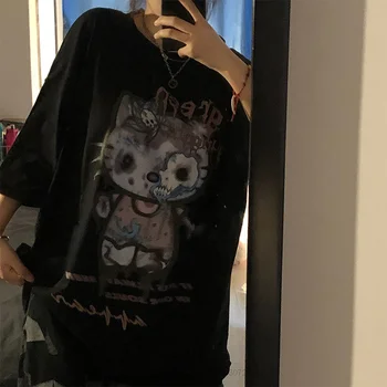 Sanrio Hello Kitty Gotik Komik Baskılı kısa kollu tişört kadın Gevşek Koyu Moda Kore Yüksek Sokak Giysileri Harajuku Tops