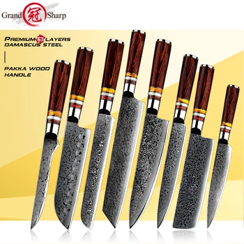 Grandsharp Mutfak Bıçakları Şam Çelik VG10 şef bıçağı Kiritsuke Kemiksi Saplı Ekmek Santoku Dilimleme Maket Bıçağı Pişirme Aracı Sıcak