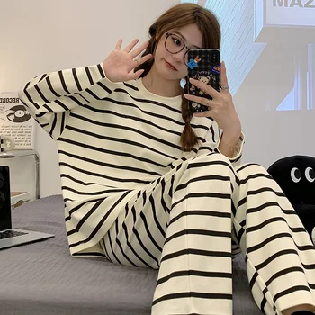 Kadın Pijama Seti Şerit Sonbahar Kış Eğlence Elastik Bel Kadın Pijama Uzun Kollu Kıyafeti Yumuşak Pijama Gecelik Kumaş 1