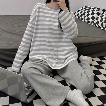 Kadın Pijama Seti Şerit Sonbahar Kış Eğlence Elastik Bel Kadın Pijama Uzun Kollu Kıyafeti Yumuşak Pijama Gecelik Kumaş 3