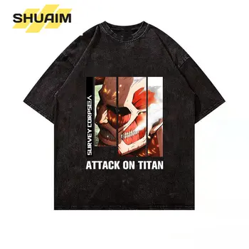 Anime Titan Baskılı T Shirt Erkek Hip Hop Yıkanmış Harajuku Büyük Boy T Shirt Erkekler Streetwear Tees %100 % pamuklu T-shirt