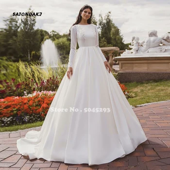 Vestido De Novia Basit Zarif Bir Çizgi Saten düğün elbisesi 2022 Dantel Aplikler Uzun Kollu Vintage Sweep Tren gelin kıyafeti Elbise
